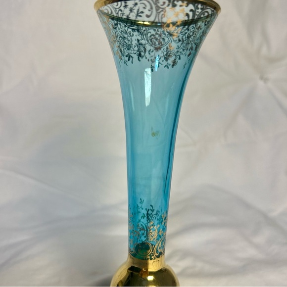 🔹 Vintage VR Crystal Vase Blue Clear Gold Rim 8” West Germany Label - Picture 6 of 10